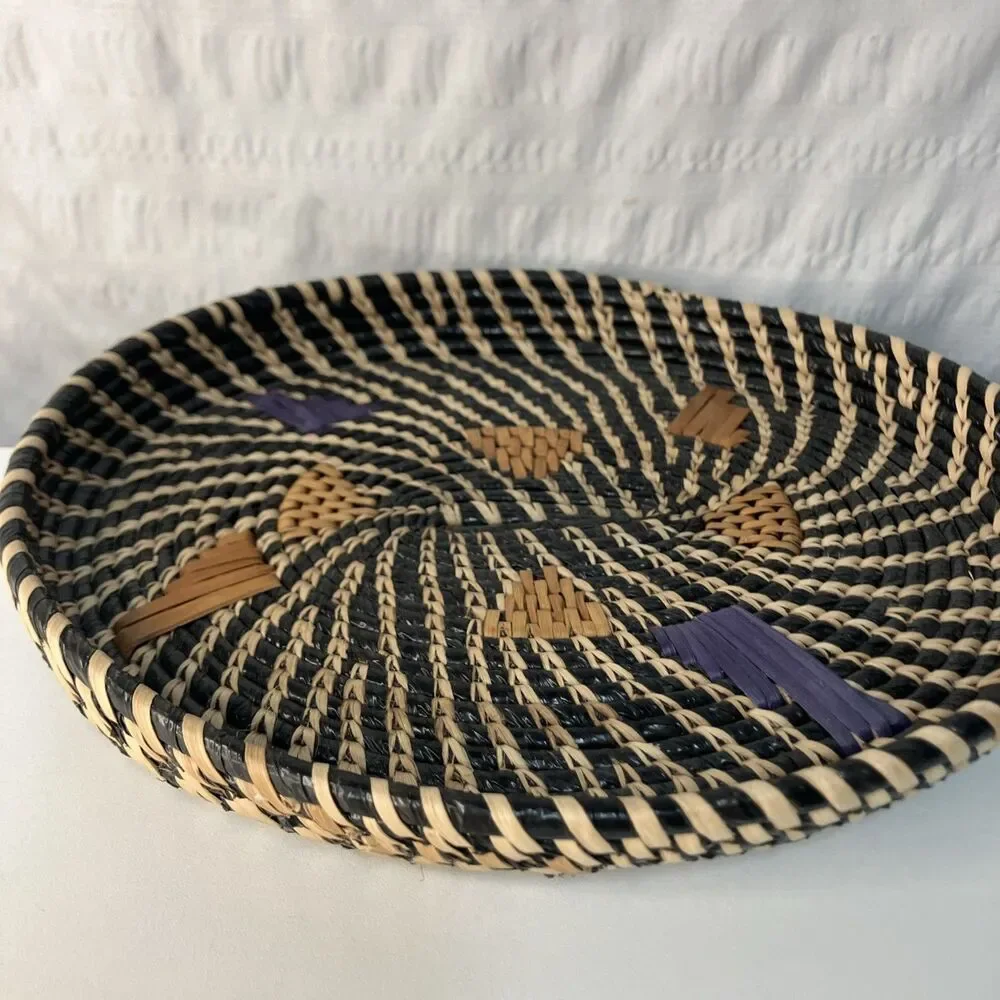 Handwoven African Raffia Basket Black & Natural Fiber Spiral Pattern Purple Tan